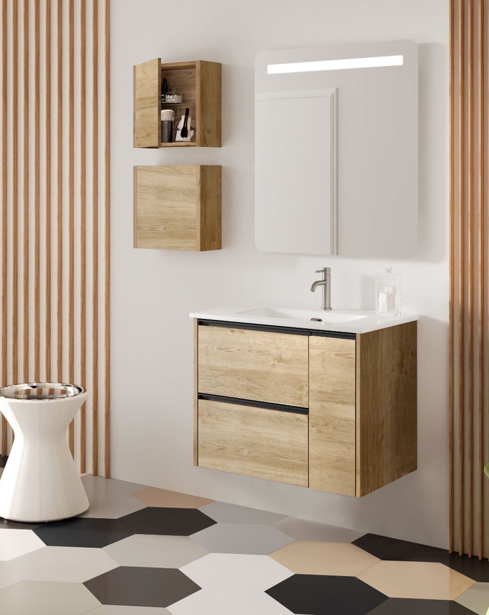 Mueble de Baño Suspendido con Lavabo Cerámico | 70 cm | 2 cajones y ...