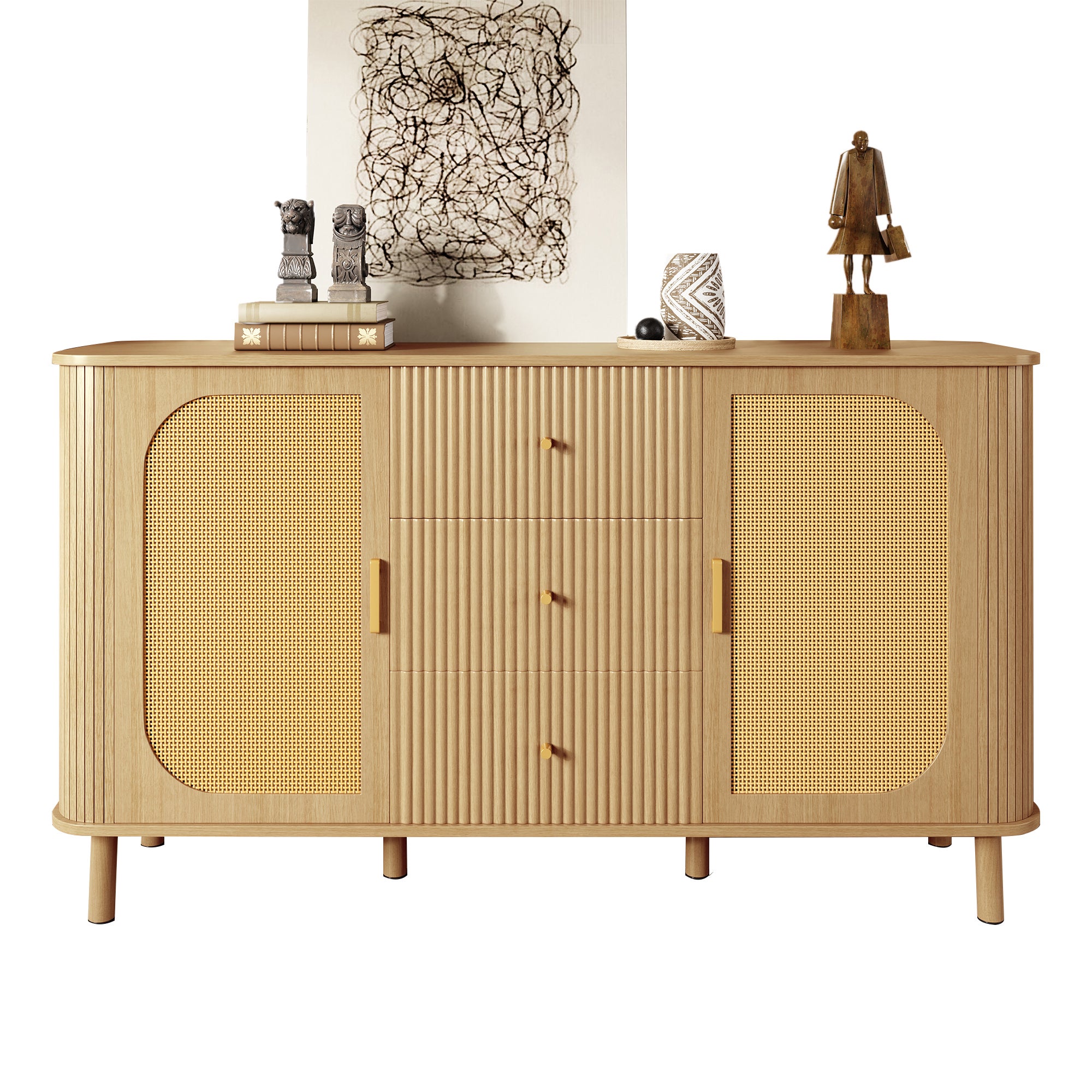 Komoda niska z 2 drzwiami i 3 szufladami - 140 x 40 x 80 cm - MDF + nogi metalowe - Naturalna