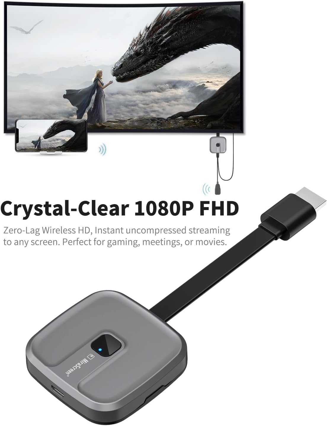 Dongle HDMI sans Fil 1080P, Dongle d'Affichage HDMI Miracast 2,4/5 GHz Dongle d'Affichage de Mise en Miroir d'écran Compatible avec iPhone/Android - 3
