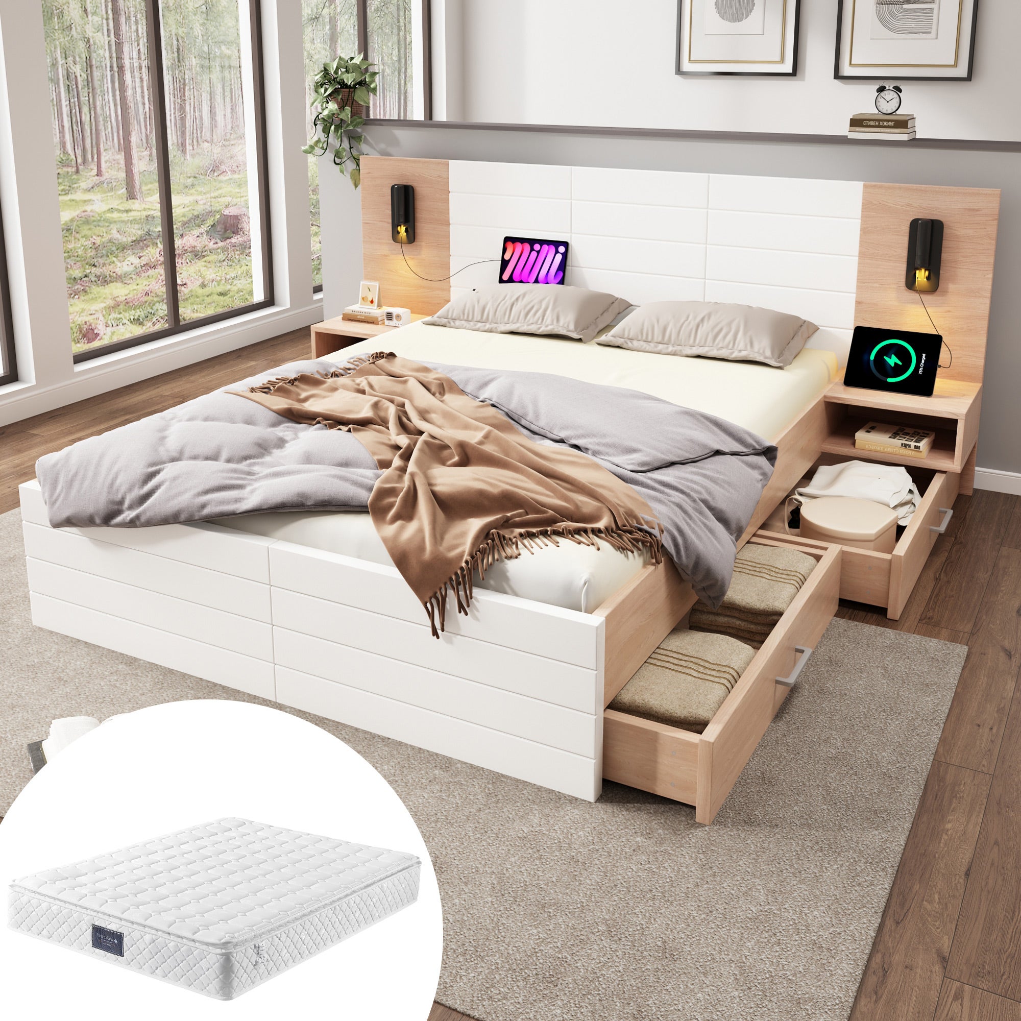 Lit 140x190 Cm Complet Avec Sommier, Matelas, Tête De Lit Et 2 Tables De Chevet – Rose