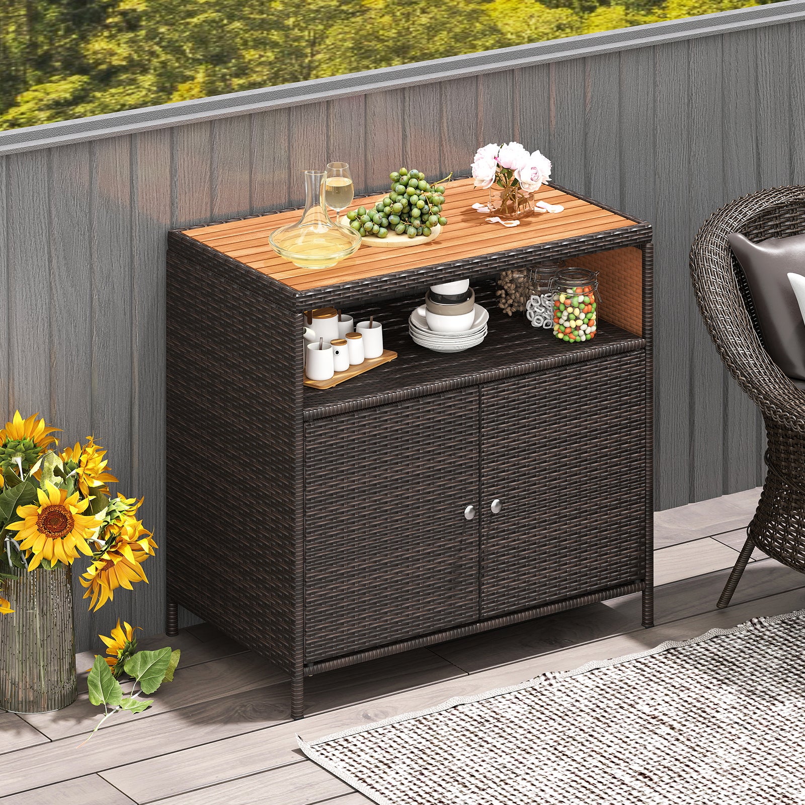 Armoire de Rangement Exterieur en Rotin, Armoire de Jardin avec Plateau en Bois d'Acacia Compartiment Ouvert Buffet à 2 Portes, Marron - 8