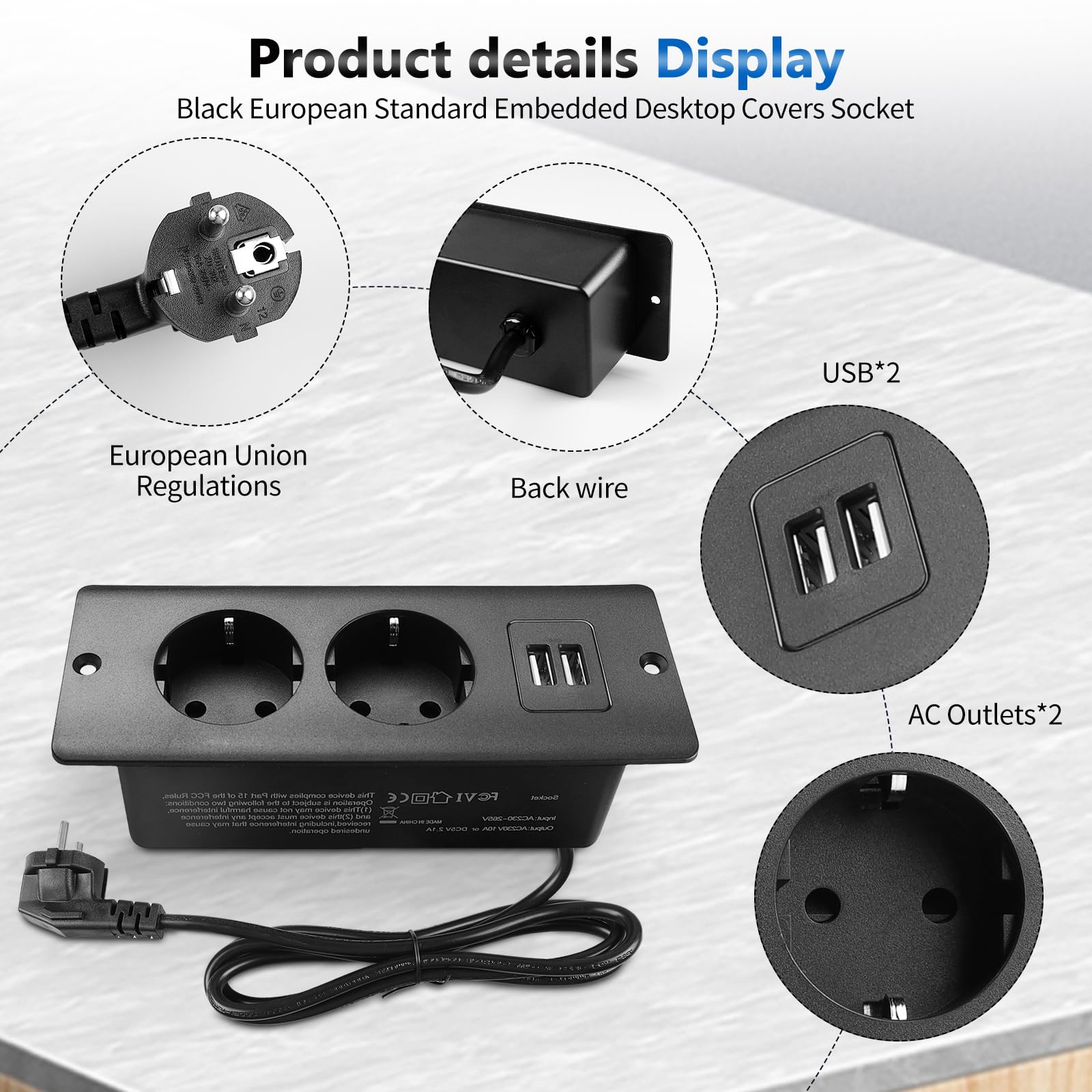 Multiprise encastrée bureau USB-C/A, coupe-feu, Câble de 1.5 m pour table de chevet - 3