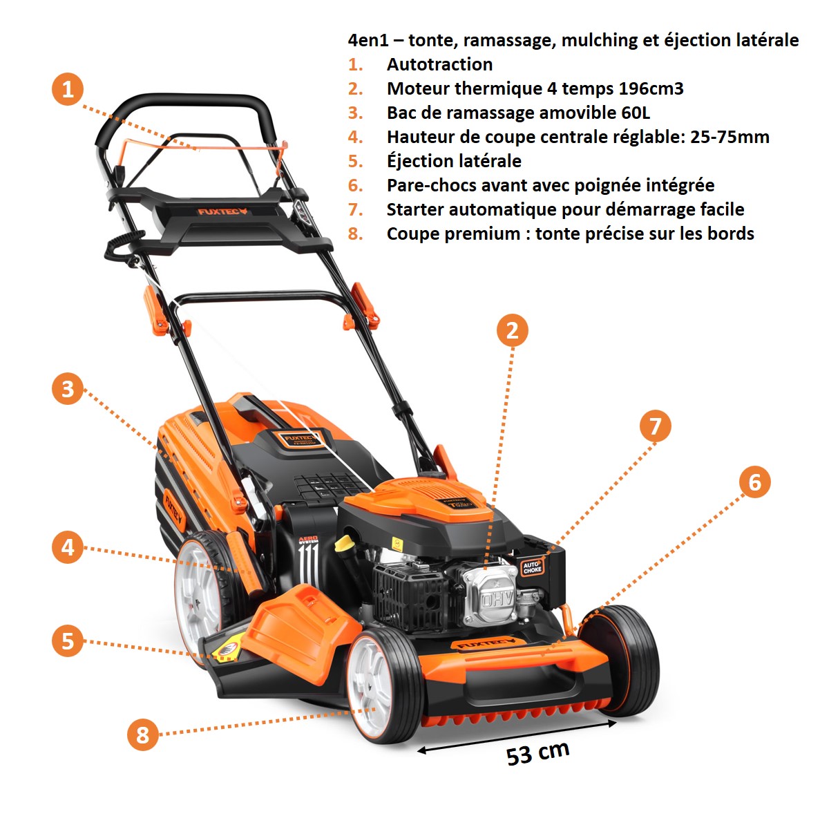 Tagliaerba A Scoppio FUXTEC FX-RM5396eSPRO - Semovente, Avviamento Elettrico, Larghezza Taglio 53 Cm, Cassetta 70L - Foto 4