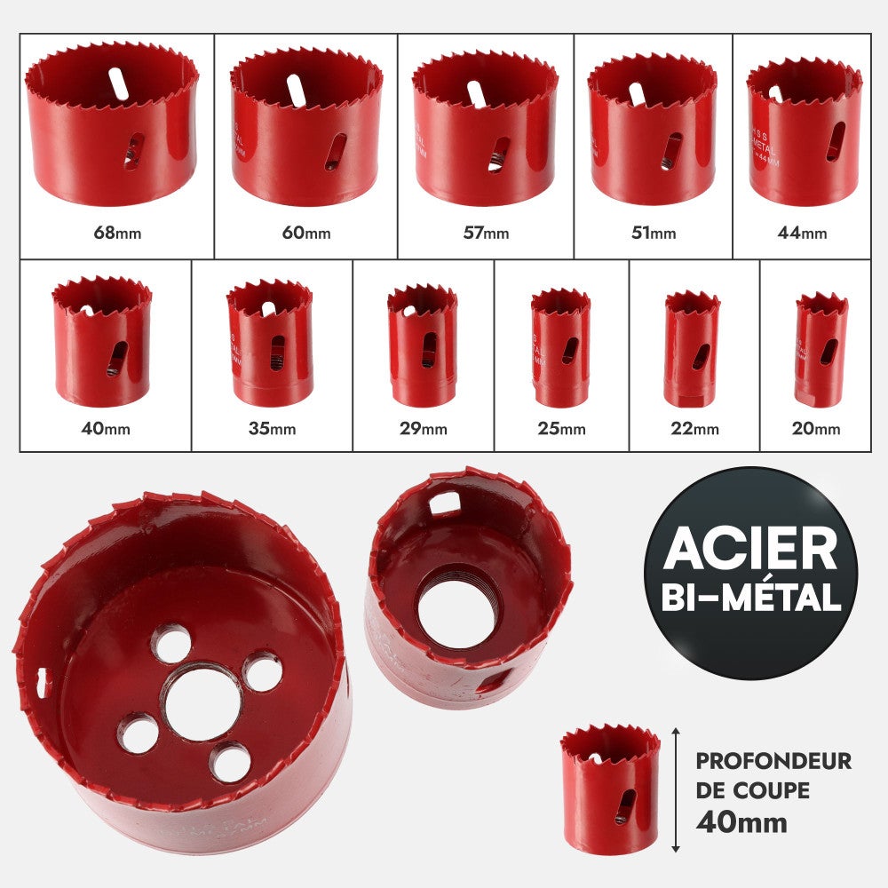 Coffret scie cloches Bi-métal HSS - 17 pièces - Diamètre 20 à 68 mm - Profondeur Coupe 40mm - Perçage métal - bois - PVC - 3