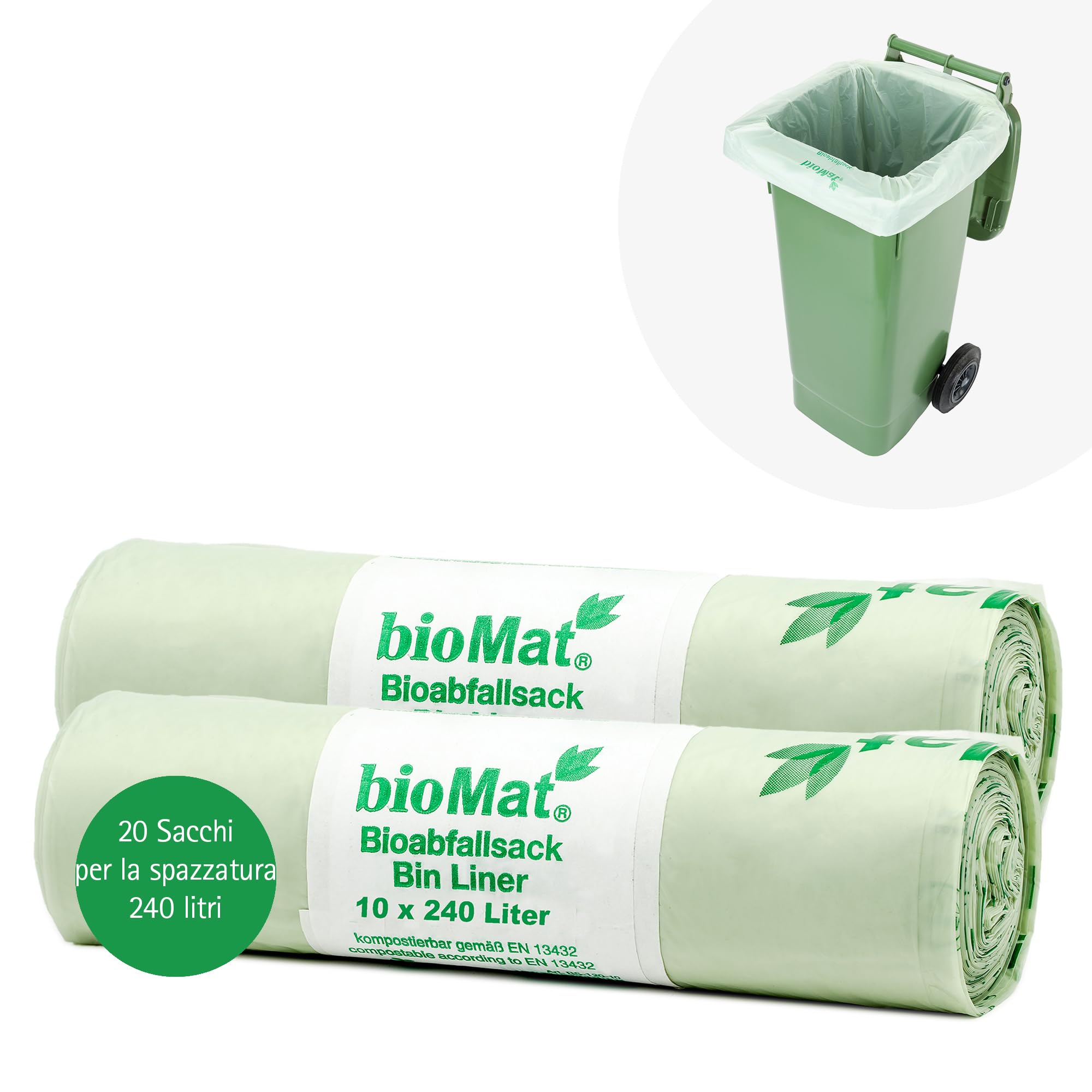 Sacchi Per Spazzatura BioMat 240L - Biodegradabili, Compostabili, Verde, 10 Pezzi