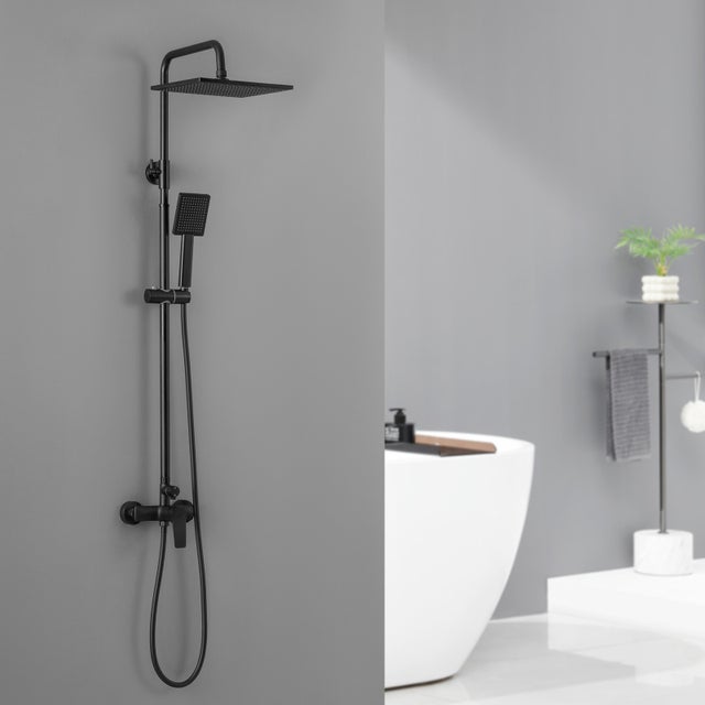 Colonne de Douche Noir avec Robinetterie Ensemble de Douche Hauteur Réglable 2 Fonctions avec Douche de Tête et Douchette à Main
