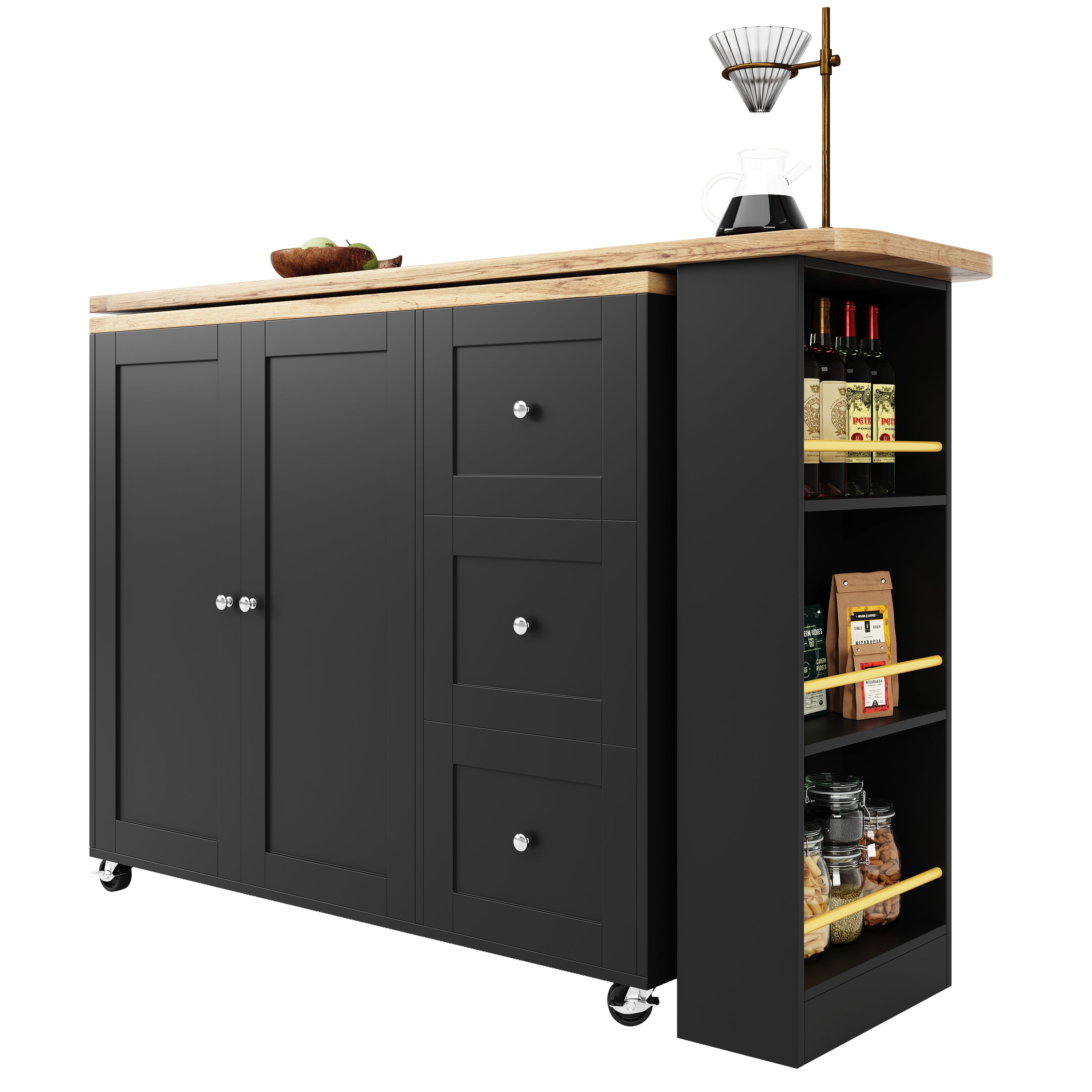 Móvel bar giratório - 2 portas, 2 gavetas e prateleiras de arrumação - 138/209 x 39 x 104 cm - Madeira MDF e vidro - Preto + natural - 7