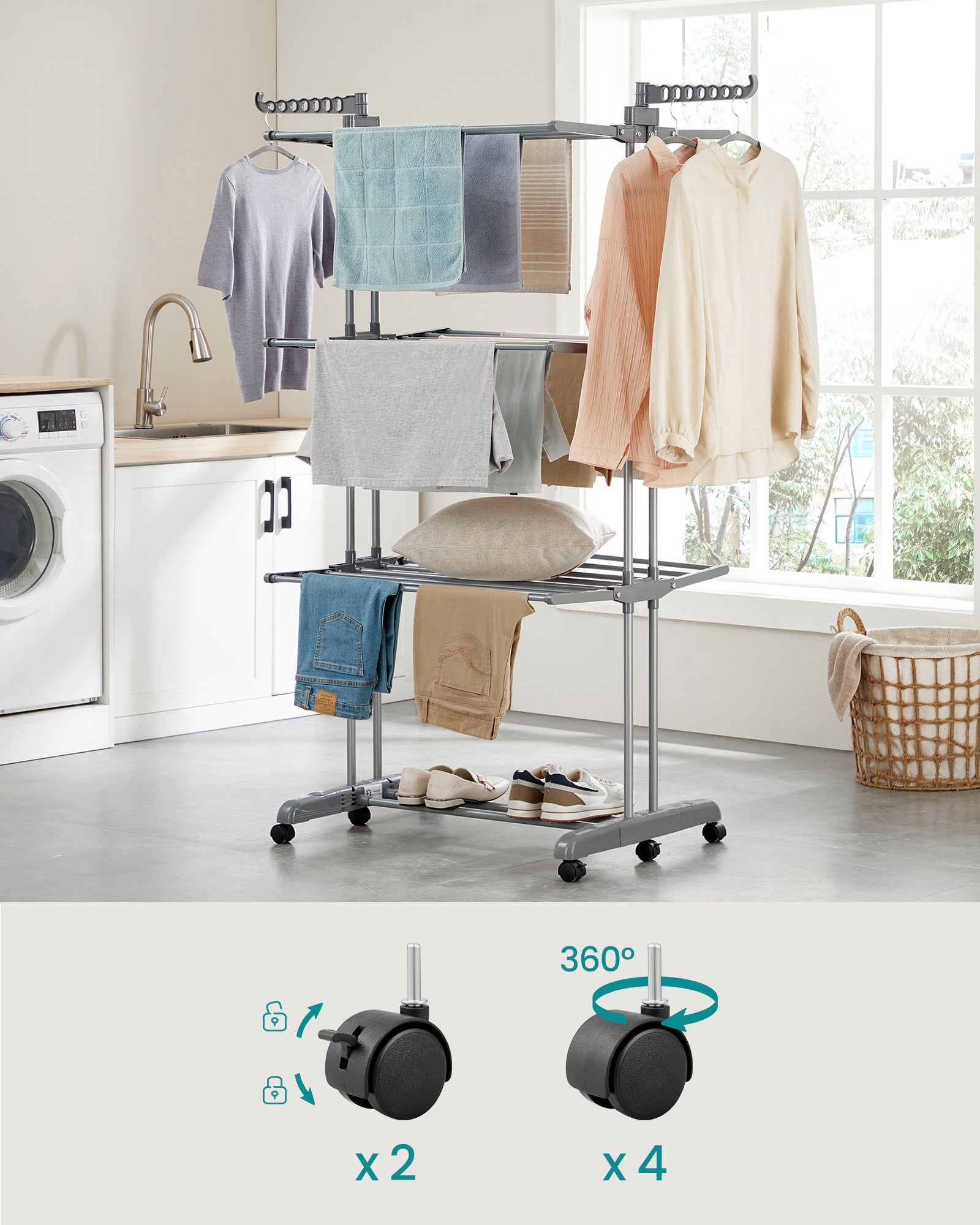 Stendibiancheria, Stendino Pieghevole a 4 Livelli con Ruote e Ali Richiudibili, 63,5 x 125,5 x 173 cm, Grigio - 3
