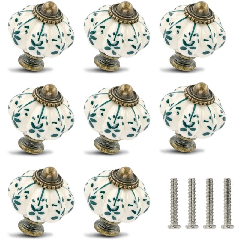 Zestaw 12 ceramicznych gałek w kolorze kości słoniowej i zieleni - Gałki do szafek w kształcie dyni, Gałki do komody w stylu retro - Uchwyty do szufla