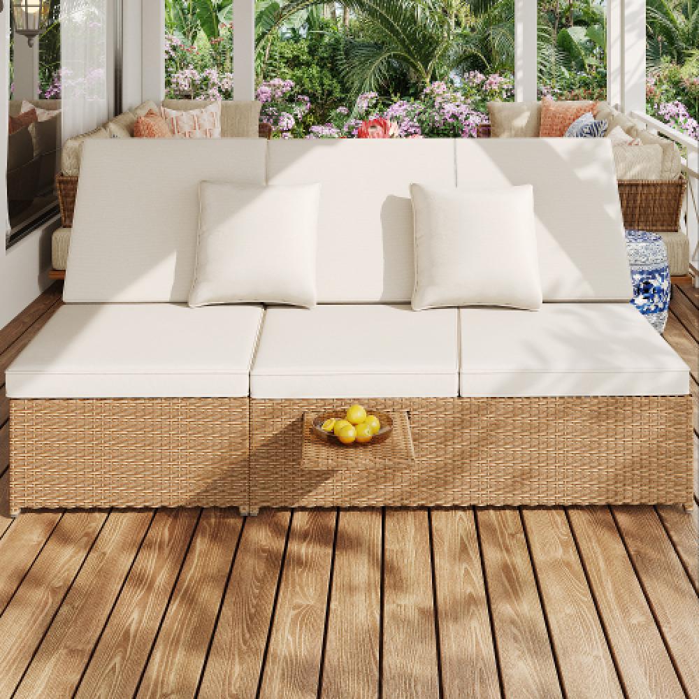 Espreguiçadeira dupla para exterior em rattan, sofá de rattan, móveis de jardim dobráveis, com almofadas, resistente ao clima, branco - 5