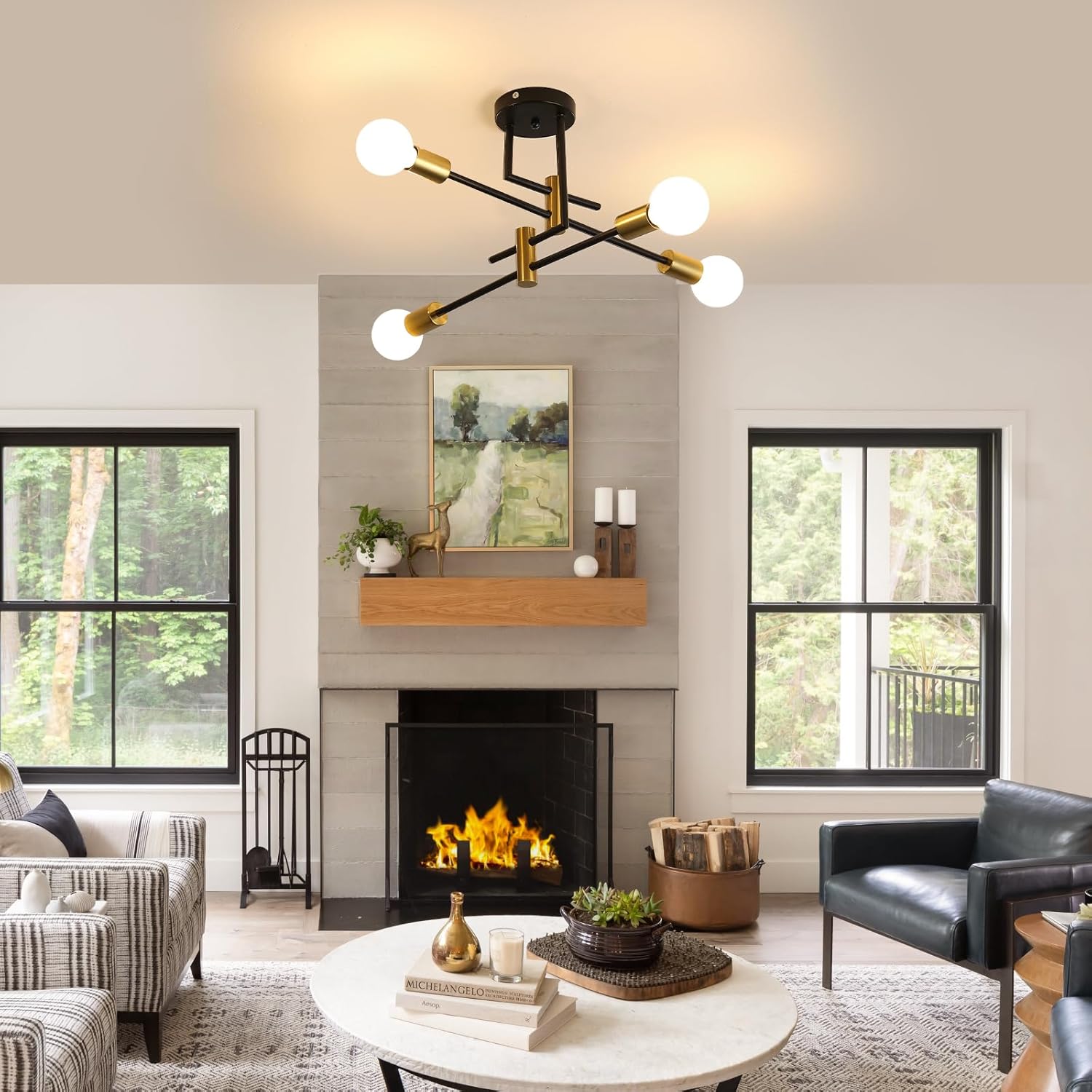 COMELY Lustre Industriel Vintage, Lustre Plafonnier à 4 lumières, E27 Rétro Lampe Suspension Vintage, Plafonnier Noir Intérieur, Lustres pour Chambre - 5