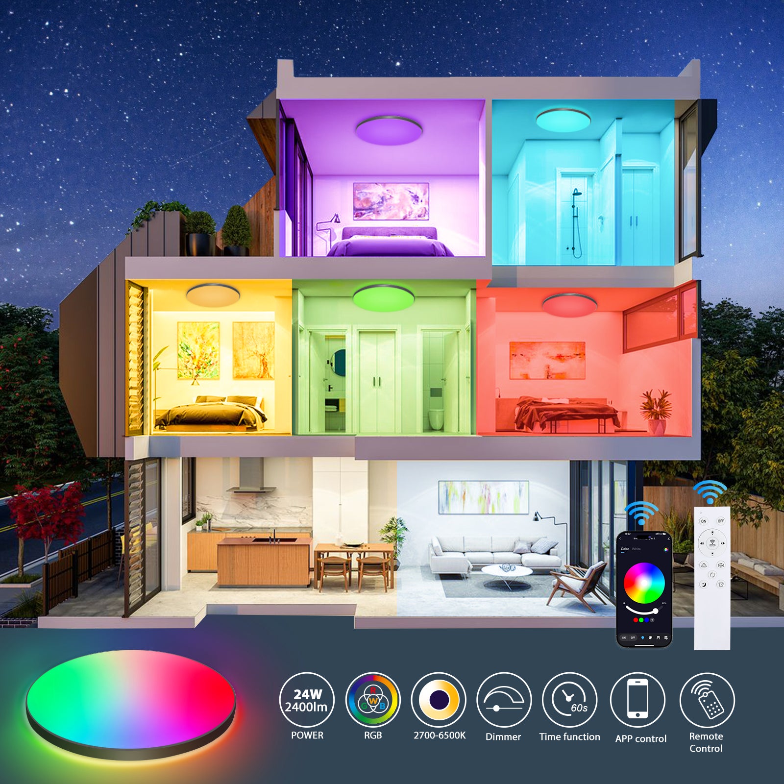 LOVHAUS Lamp Sufitowa LED RGB 24W Regulowana, 16 Milionów Kolorów, 2700K-6500K, Pilot I Aplikacja - 3