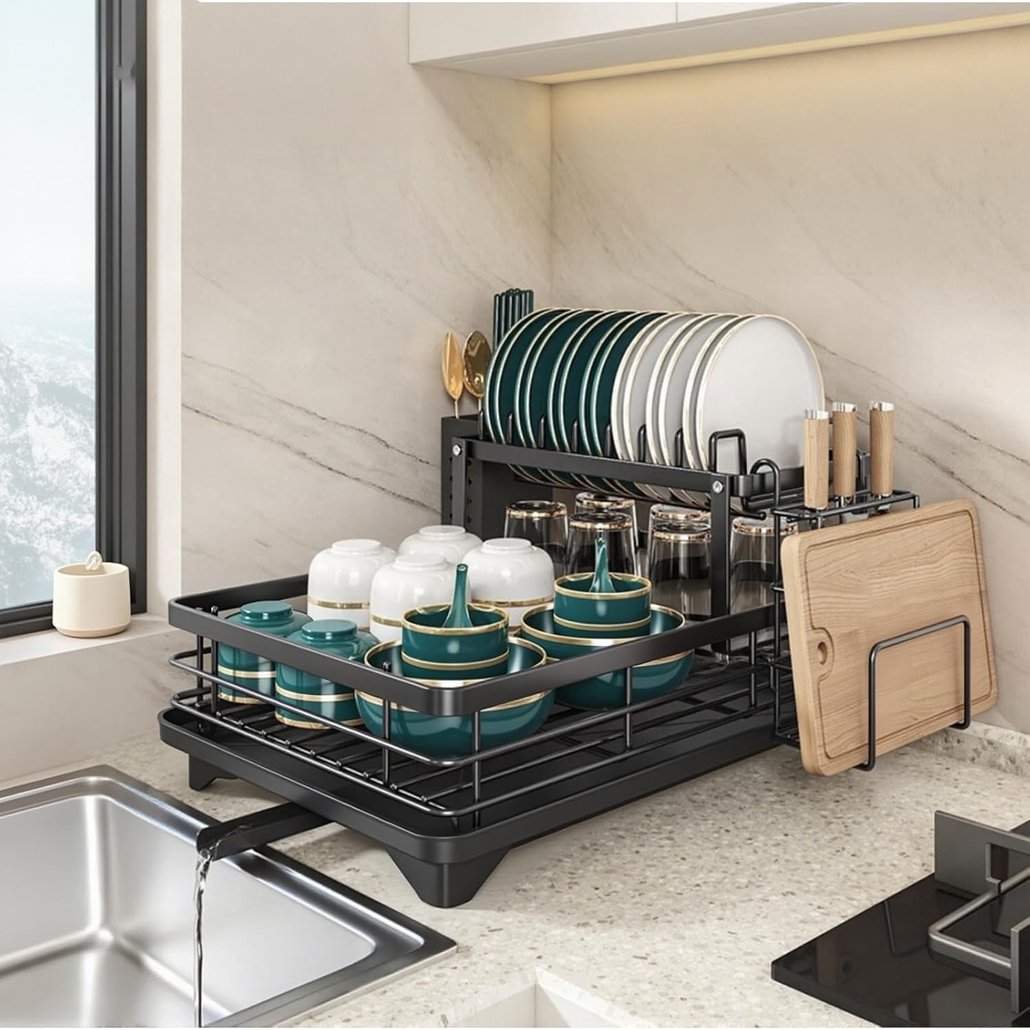 Égouttoir à Vaisselle à 2 Niveaux Avec Plateau D'égouttement Amovible, étagère De Cuisine En