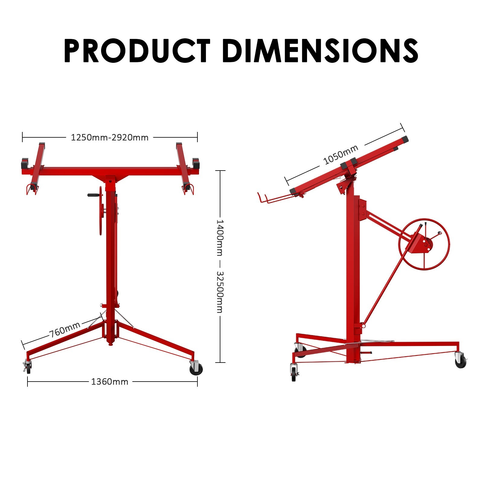 TEENO Lève-plaques de plâtre et de plafond : Max. 68 kg, hauteur 140-325 cm, pliable avec 3 roues à frein pour transport. - 9