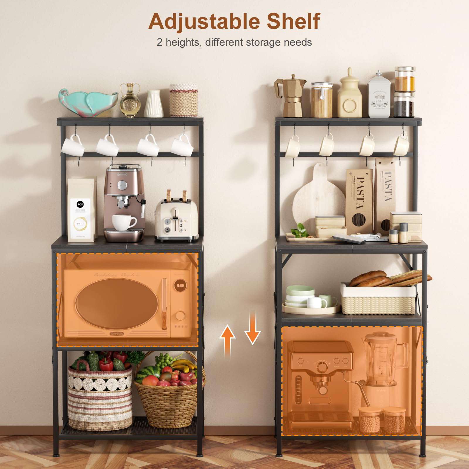 Estantería metálica de cocina de 4 niveles, en color gris, con 8 ganchos, soporte ajustable para microondas y zona multifuncional para guardar el café - 6
