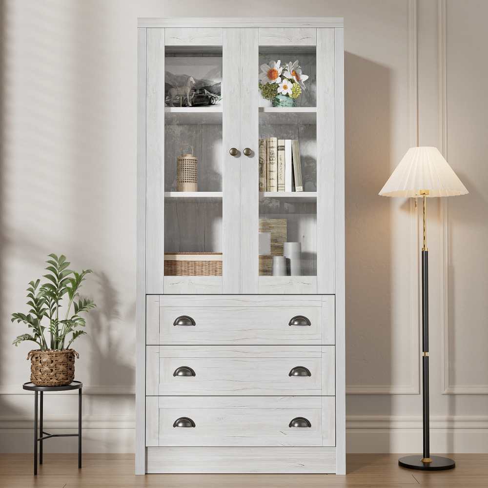 Nowoczesny kredens 80x34x171 cm, drewno, ze szklanymi drzwiami, 3 szufladami i miedzianymi uchwytami – eleganckie miejsce do przechowywania