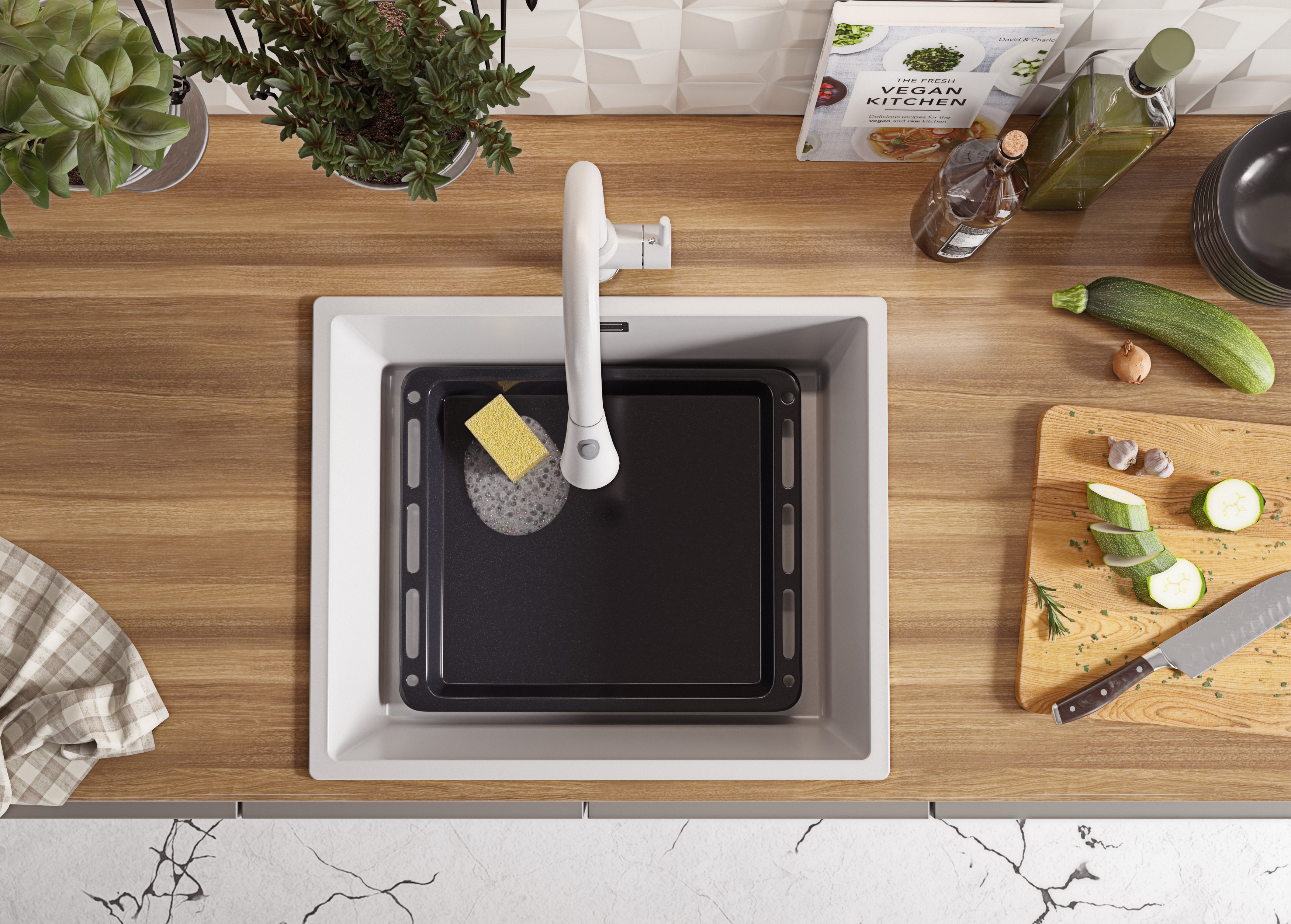 Lavandino da Cucina Bianco 56x47cm, Lavello in Granito a 1 vasca + Sifone Classico + Accessori, Lavabo da Cucina Incasso al mobile 60cm PRIMAGRAN - 4