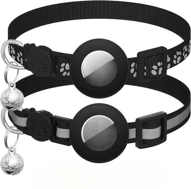 Pack de 2 coleiras para gatos com acessórios, compatíveis com Apple Airtag, reflectoras, anti-asfixia, ajustáveis, pretas