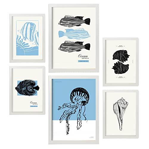 Set de 6 posters en tinta negra criaturas marinas láminas artísticas del mar y océano para el diseño de interiores tamaños a3 & a4 marcos blancos