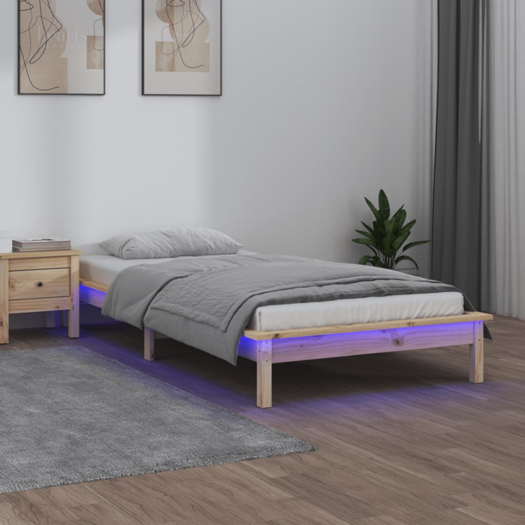 Łóżko Drewniane Brązowe Rama Łóżka Stelaż Do Pokoju Sypialni LED 75x190 cm