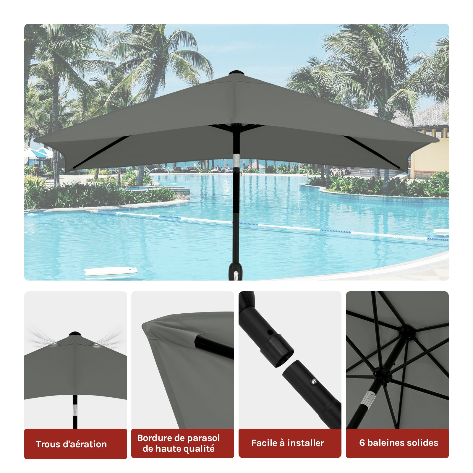 Parasol de Jardin Inclinable WOLTU, Parasol Rectangulaire inclinable de Jardin, 206x135cm, Gris Foncé - 3