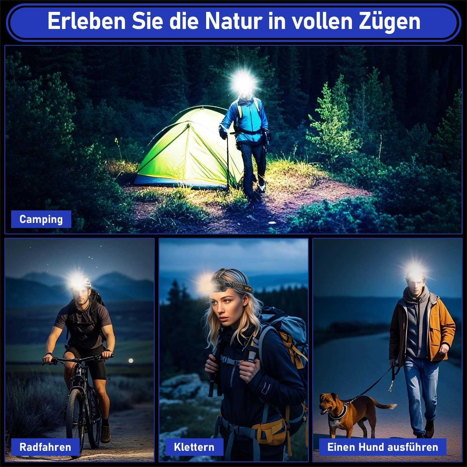 Nouvelle Lampe Frontale 2025 100000 Lumens - Zoom Variable, IPX7, Rechargeable, Tactile - Pour Running, Pêche, Camping (Noir) Classe A+++ - 7