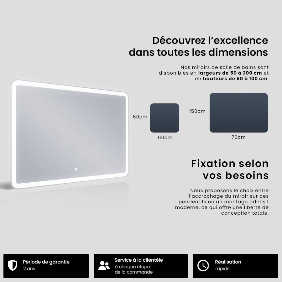 Miroir avec LED Illumination Salle de Bain - Naomi | 150x50 cm | Blanc Froid 7000K | Interrupteur Tactile - 7