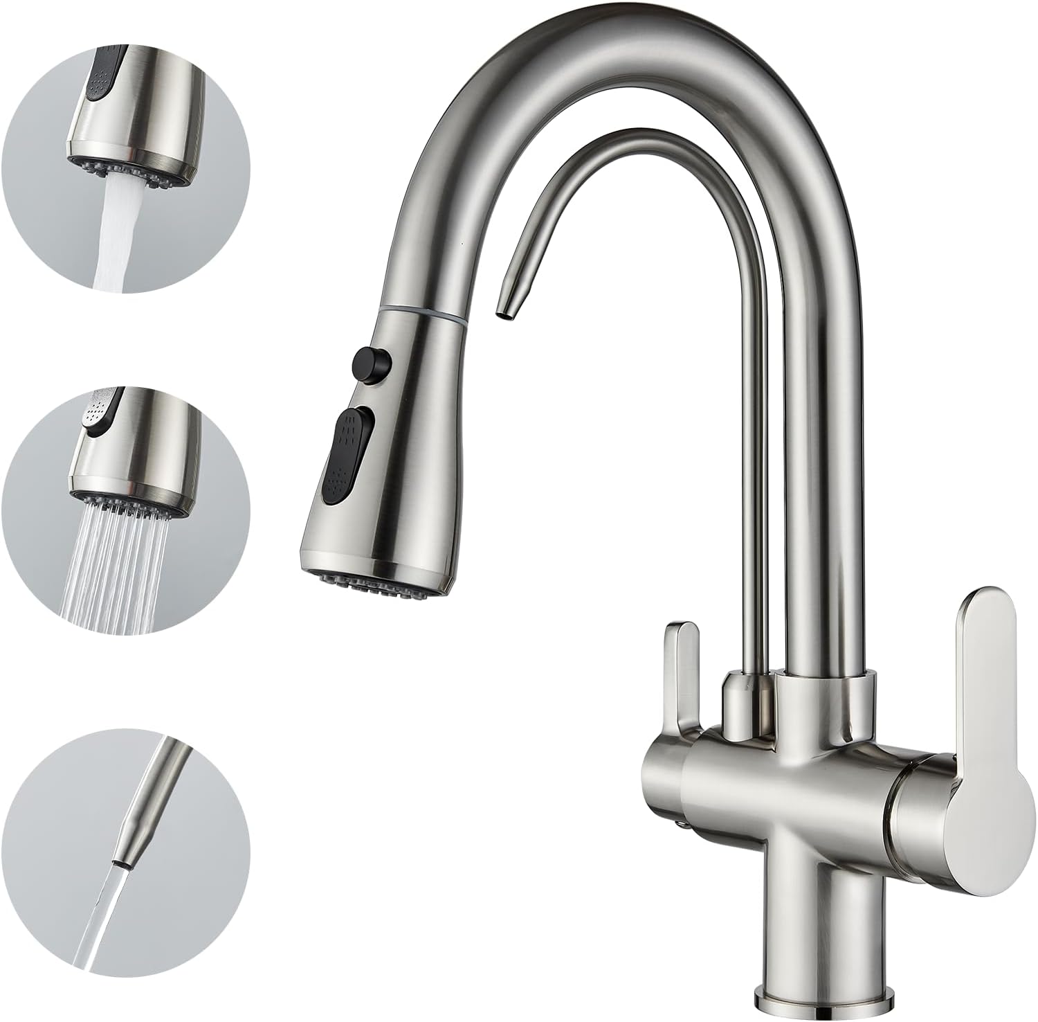 Robinet De Cuisine à Osmose Inverse à 3 Voies, Inverse à 2 Leviers, Robinet D'évier Pivotant à 360°, Douchette Extractible, Acier Inoxydable Brossé | Leroy Merlin