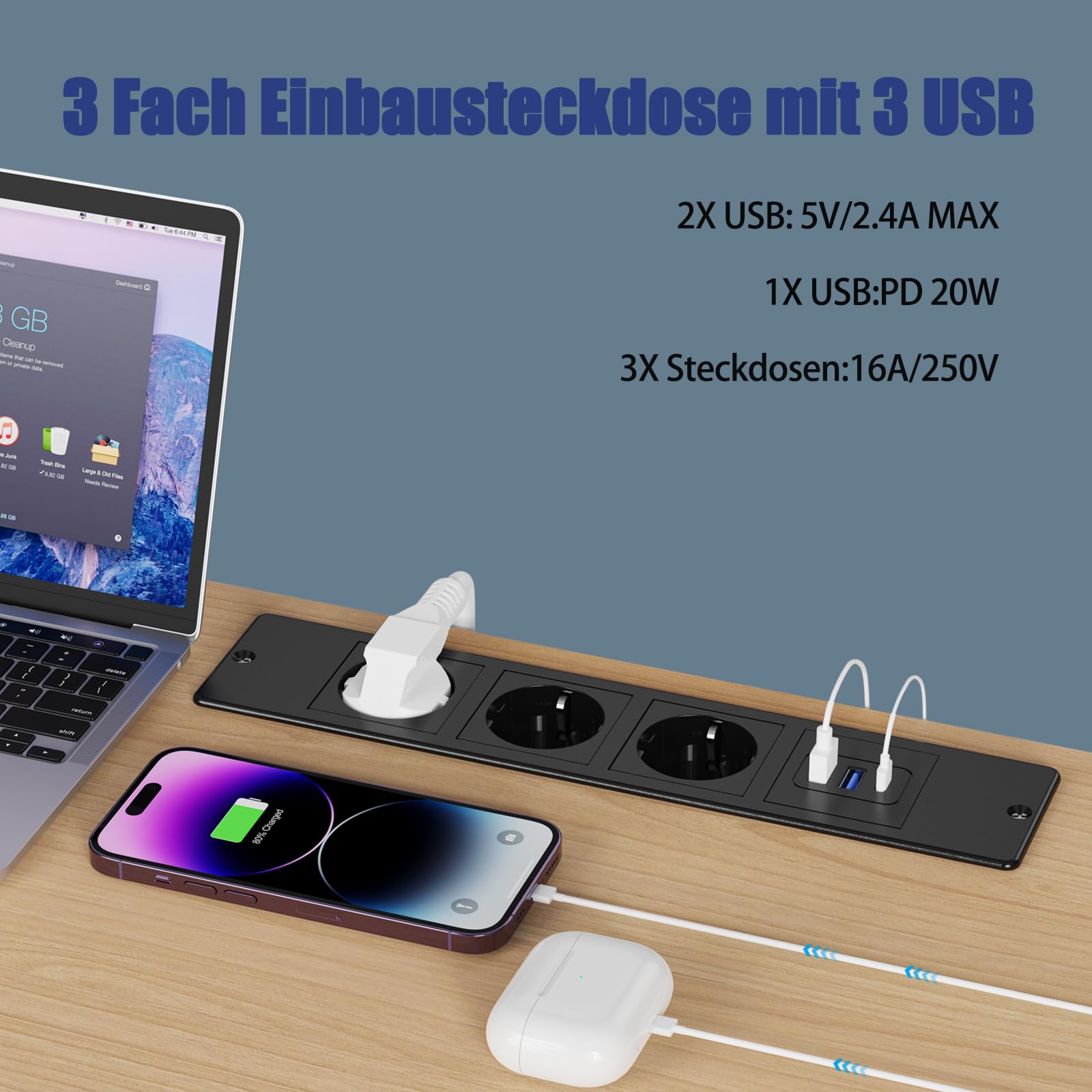 Prise encastrée de bureau avec USB-C | 3 prises secteur + 2 ports USB-A | Câble d'alimentation 2 m,Noir - 3