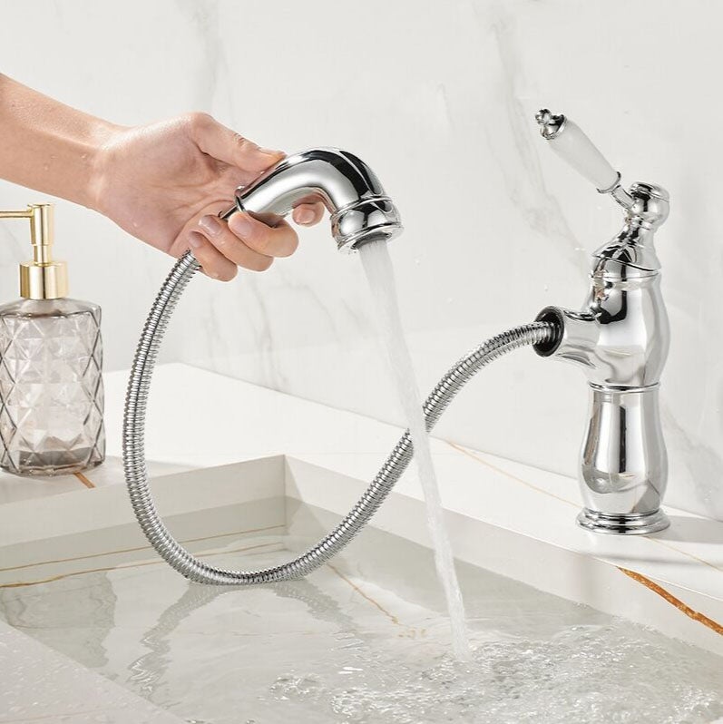 Rubinetto Lavabo Girevole 360° In Ottone | Miscelatore Monocomando Cromato Con Tubi Da 50 Cm | Cartuccia In Ceramica