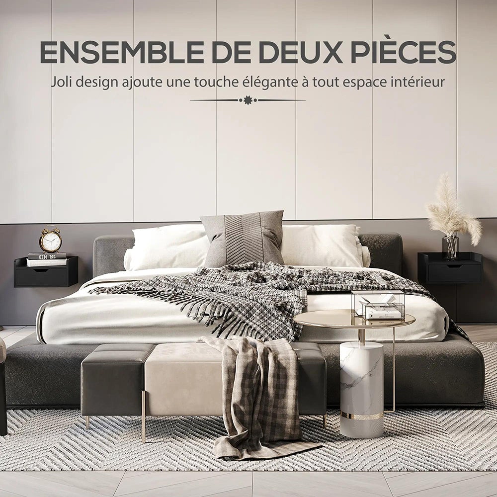 Lot 2 tables chevet murales suspendues, 40x30x19,5 cm, plateau bois - 6