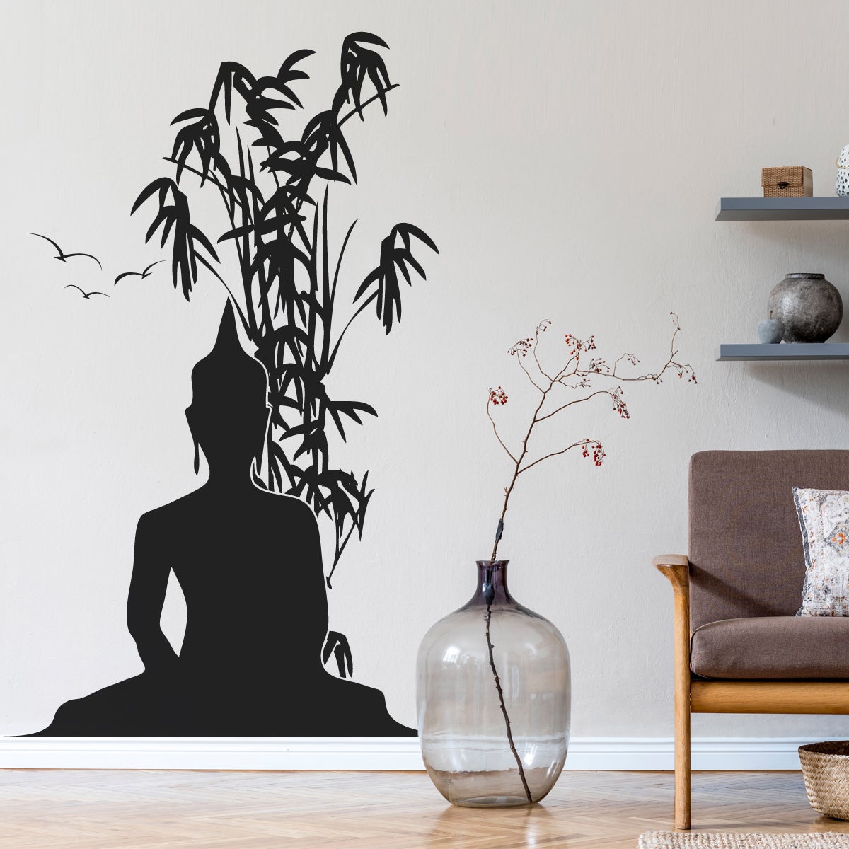 Sticker Mural Déco Bouddha Galet Bambou - 30x30cm - Pour Boîte Aux Lettres
