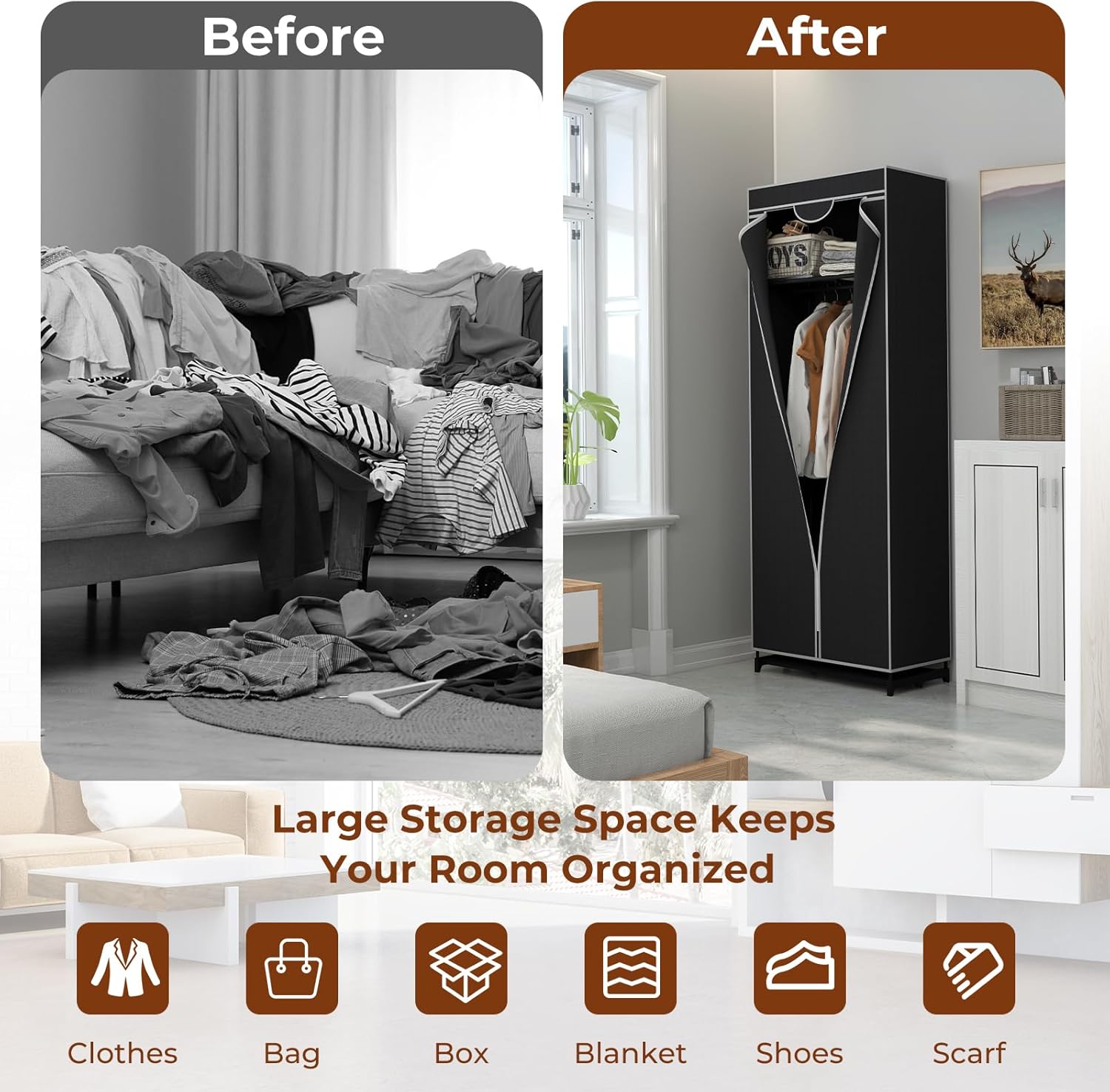 Pendrie en Tissu avec Housse- 74 x 50 x 172CM- 3 Parties d'espace de Stockage-Armoire de Vêtements Imperméable，Noir - 2