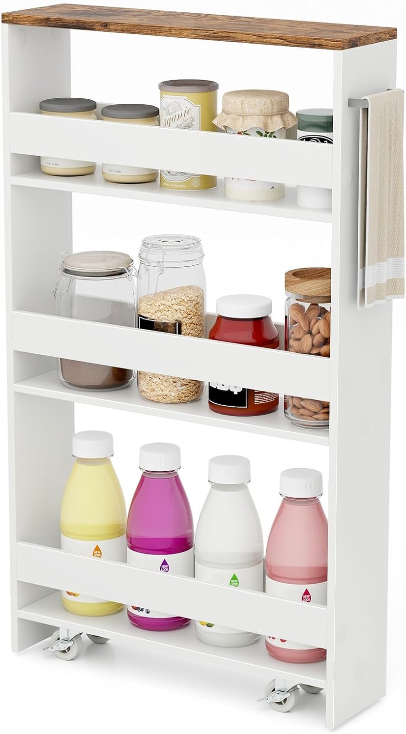 Wózek wnękowy o szerokości 13 cm, 4 poziomy, wózek kuchenny, wąski, regał wnękowy na kółkach, wózek do serwowania z uchwytem i poręczami, do kuchni