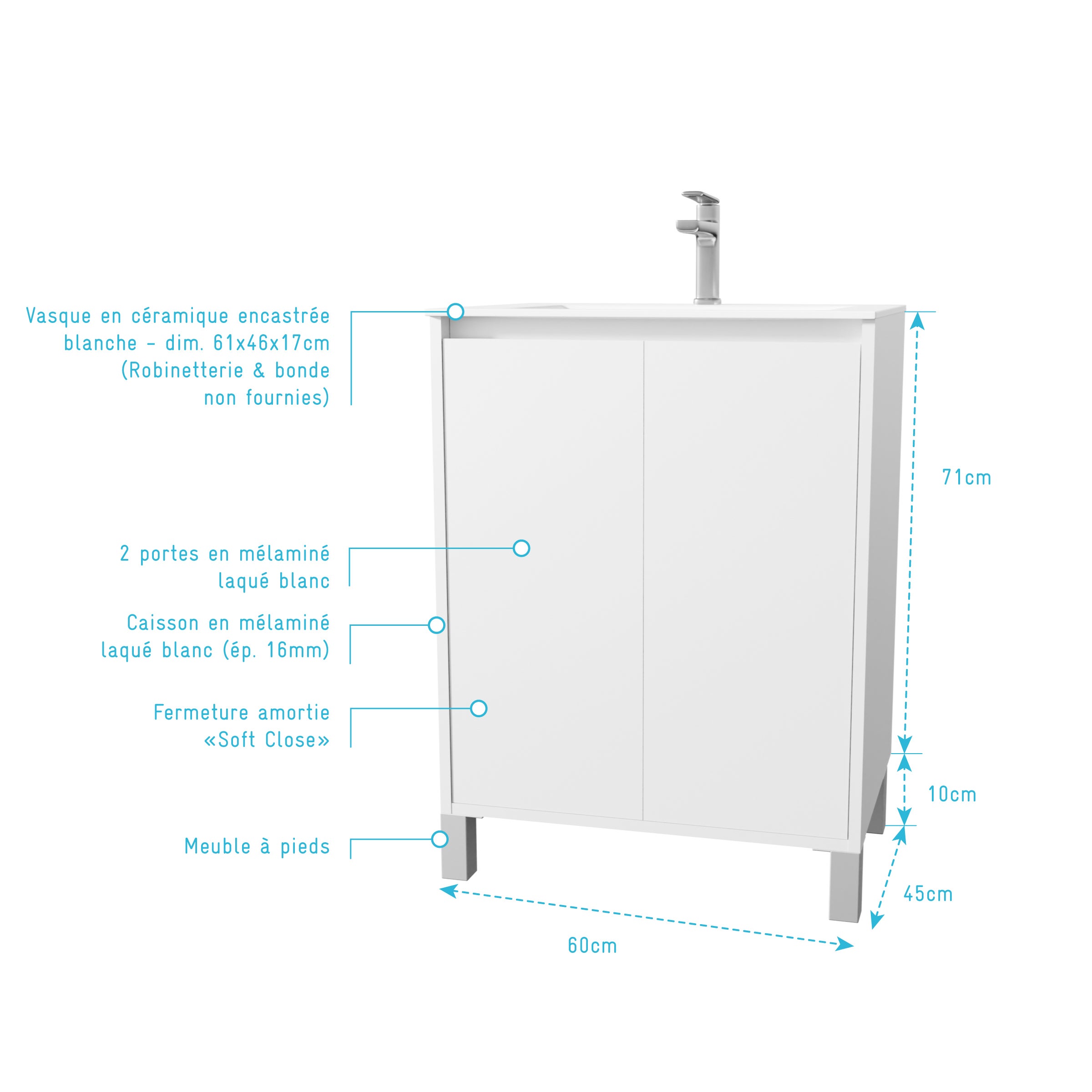 Pack Meuble Salle de Bains 60cm Laqué Blanc 2 portes avec Vasque Céramique Blanche - XENOS - 4