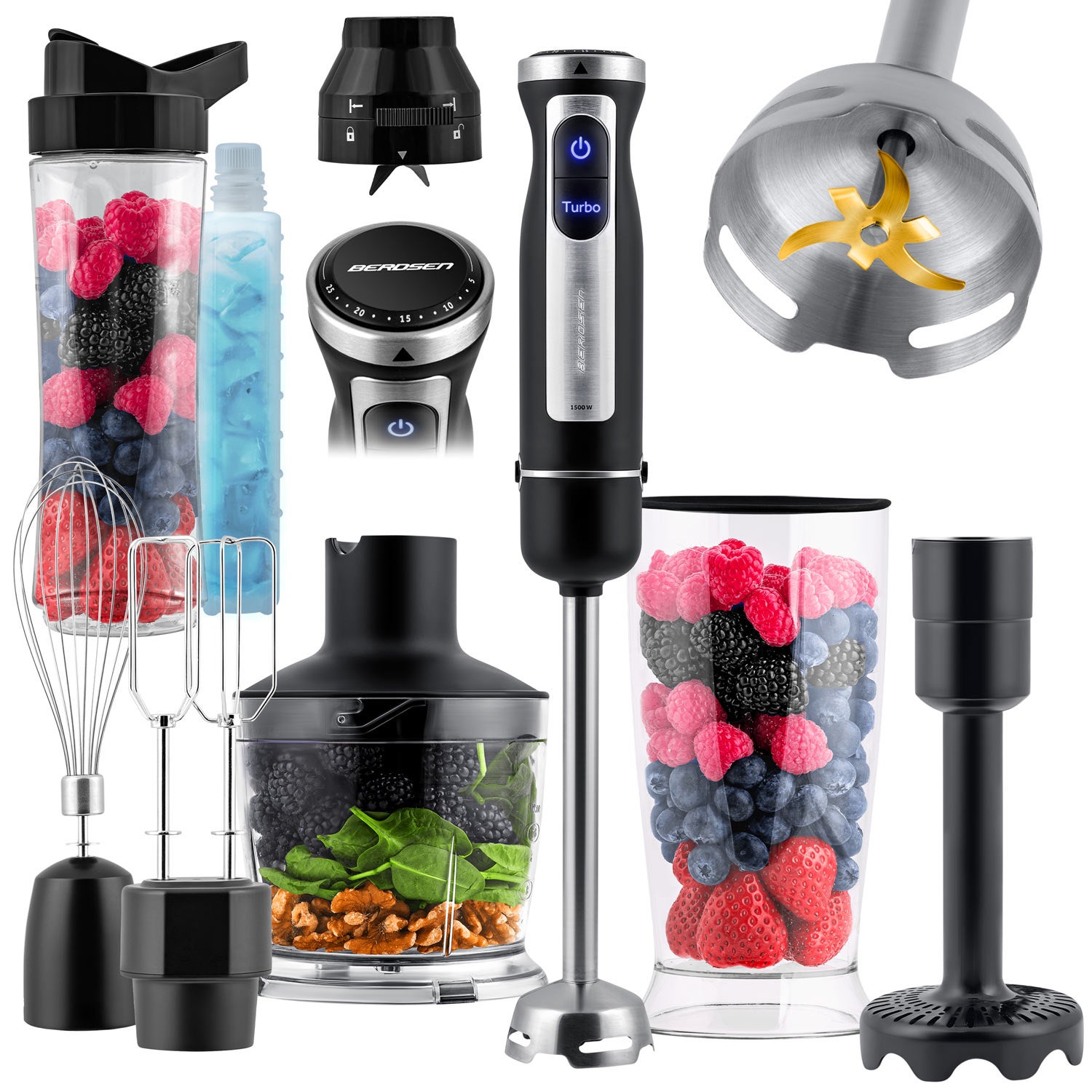 Blender ręczny Berdsen BD-754 1500W tytanowe ostrza akcesoria + butelka