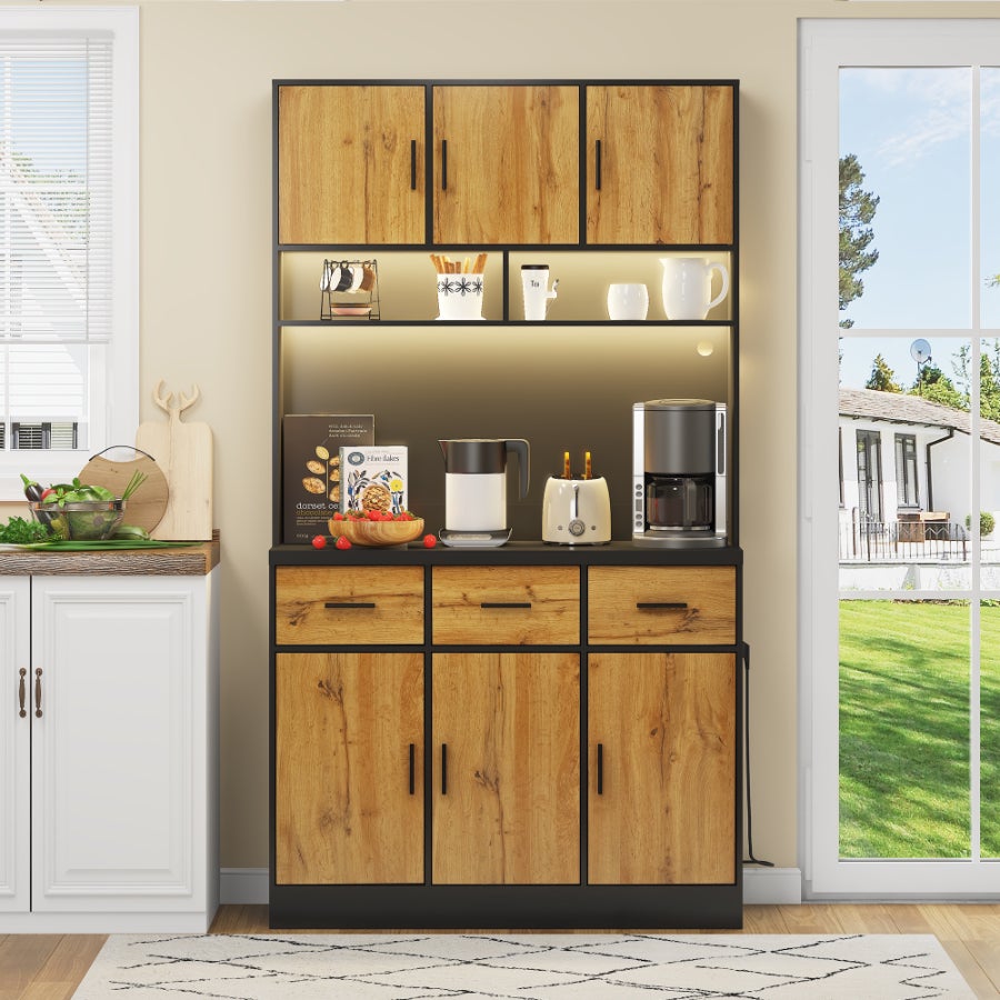 Buffet Multifonctionnel avec LED, Naturel + Noir,Télécommande, Espace de Rangement et Prises USB - 180x100x40cm, pour Cuisine et Salle à Manger - 2