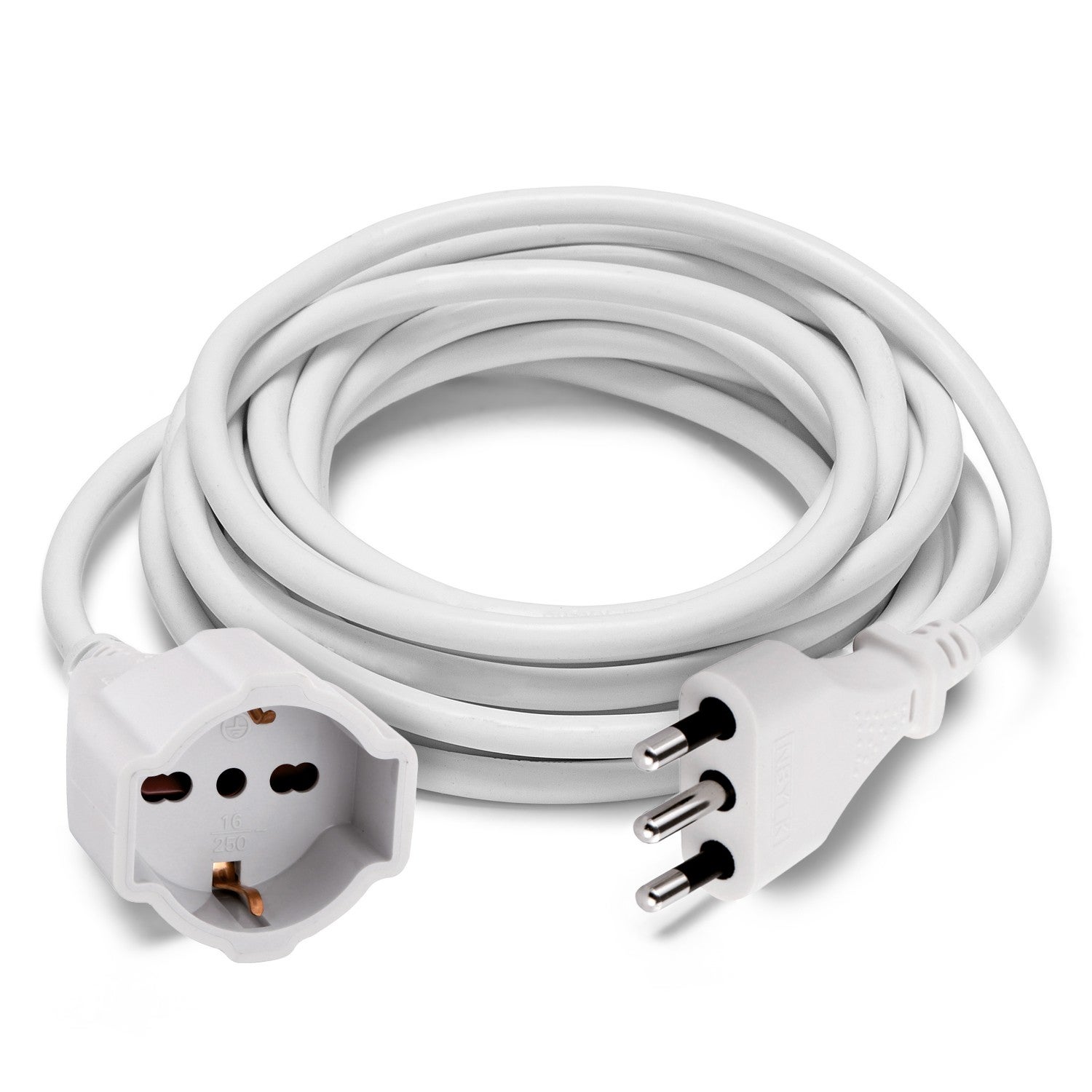 Rallonge 5m standard italien: fiche et prise 16A (schuko + 10 / 16A), blanc. Câble 3G1,5 mm - 2