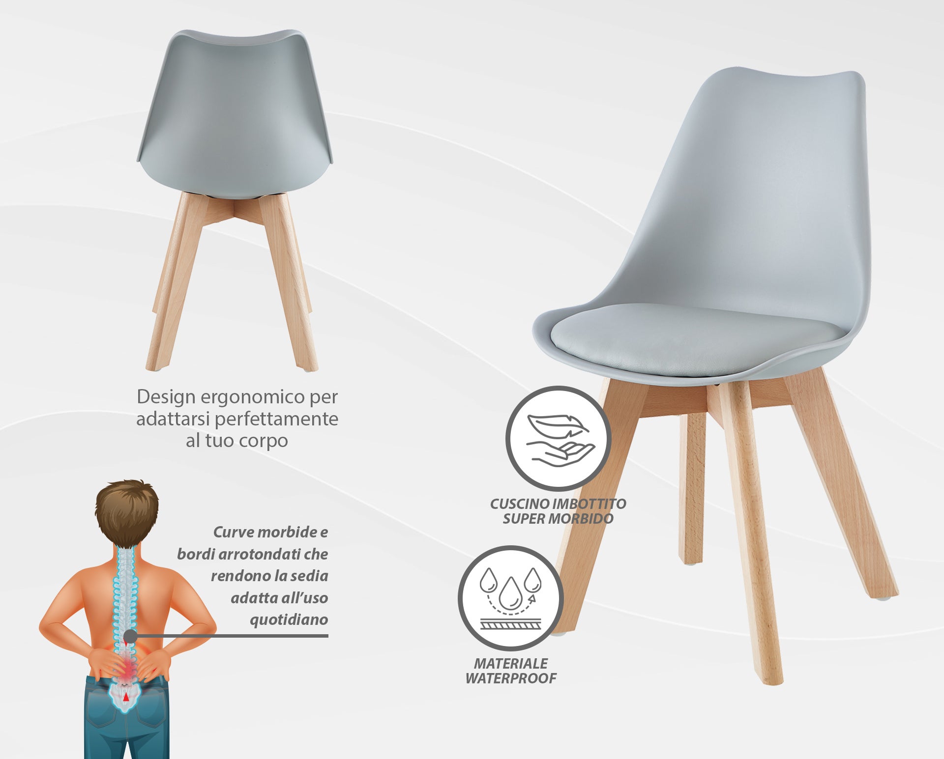 Set 4 Sedie Sala Da Pranzo Ufficio Con Gambe In Legno Di Faggio Schienale Ergonomico- Grigio - 3