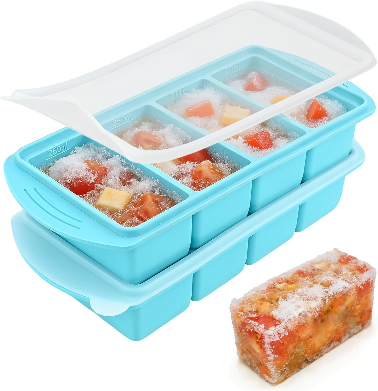 Juego de 2 recipientes para sopa extra grandes para congelar, moldes de silicona para congelador con tapas, 4 compartimentos para preparación