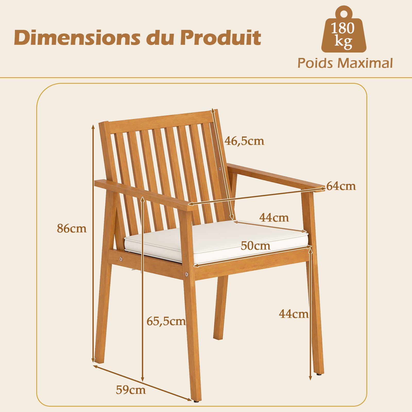 2 Chaises de Jardin, Chaises d'Extérieur en Bois d'Acacia avec Coussin Rembourré Amovible, Accoudoirs, Charge 180 kg, Mobilier de Bistrot, Naturel - 2