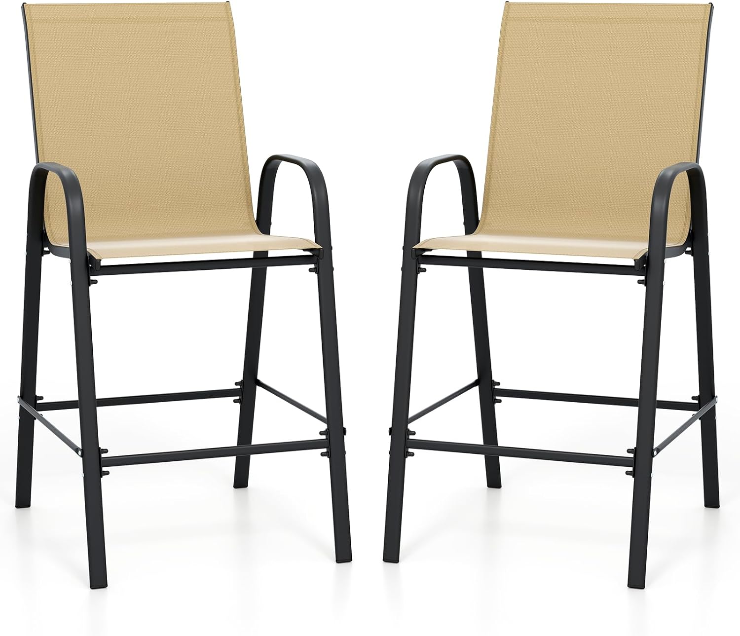 Zestaw 2 stołków barowych ogrodowych z tkaniny z podłokietnikami, podnóżkiem, powiększonym siedziskiem i metalową ramą, na patio, taras, basen