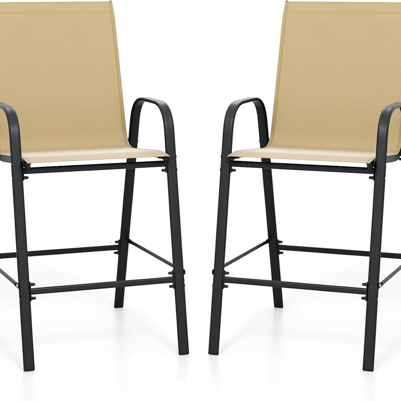Zestaw 2 stołków barowych ogrodowych z tkaniny z podłokietnikami, podnóżkiem, powiększonym siedziskiem i metalową ramą, na patio, taras, basen