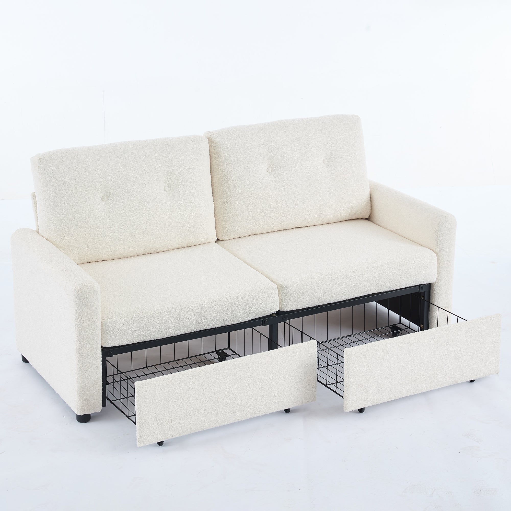 Divano da soggiorno avorio a 2 posti con struttura in crepe e doppio cassetto portaoggetti - 6