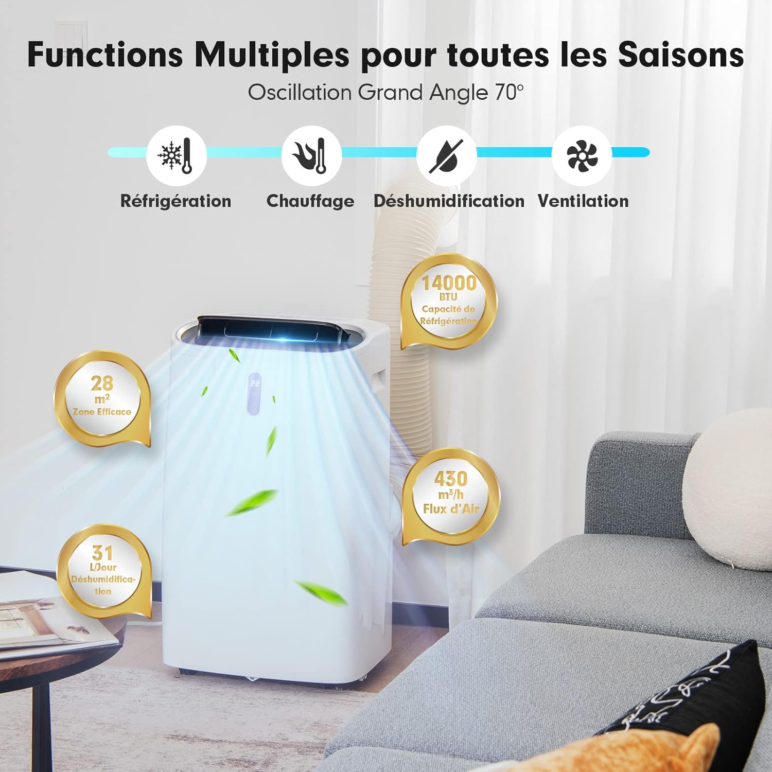 Climatiseur Mobile 4,1 kW/14000BTU-40㎡-R290 - Refroidissement, Chauffage, Déshumidification, Ventilation, Minuterie 24H, Classe A, Télécommande/Wifi - 2