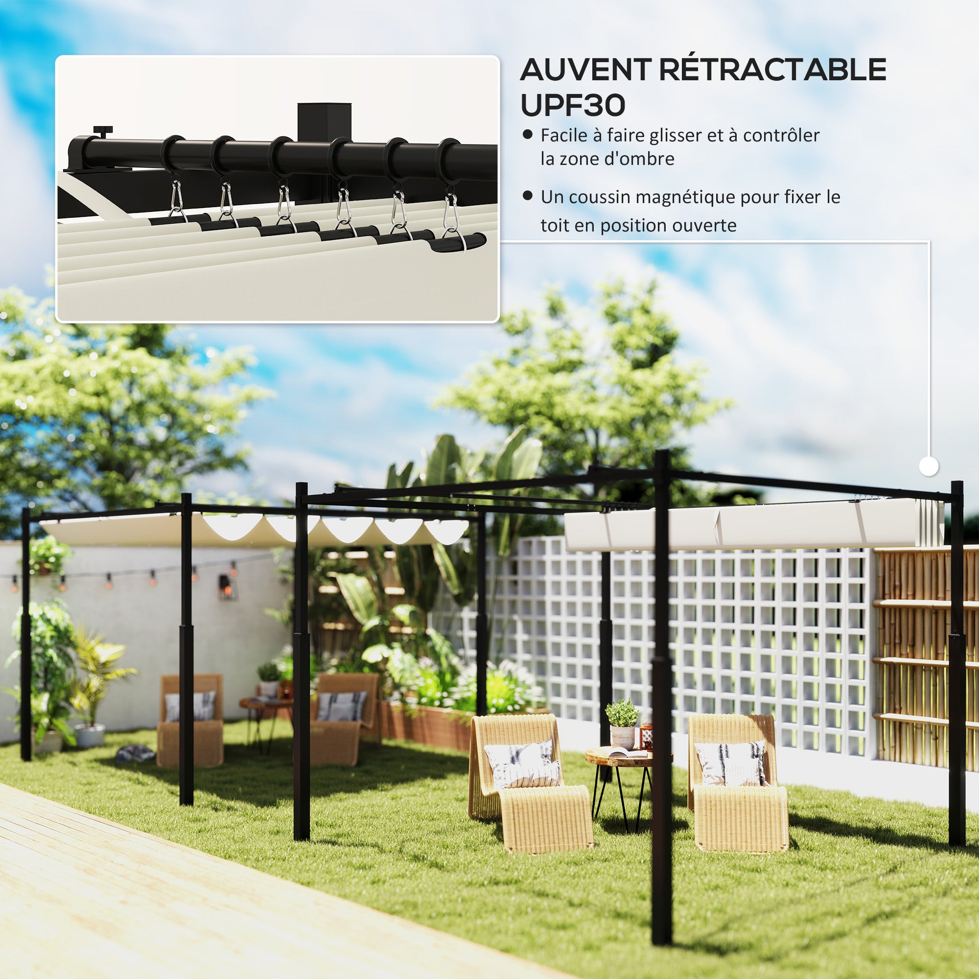 Pergola Métallique 3x3 m, Toit Rétractable et Fixation Magnétique, Gazebo Extérieur Kit Pergola Jardin, Colonne Métallique 80mm, Crème Blanc - 6