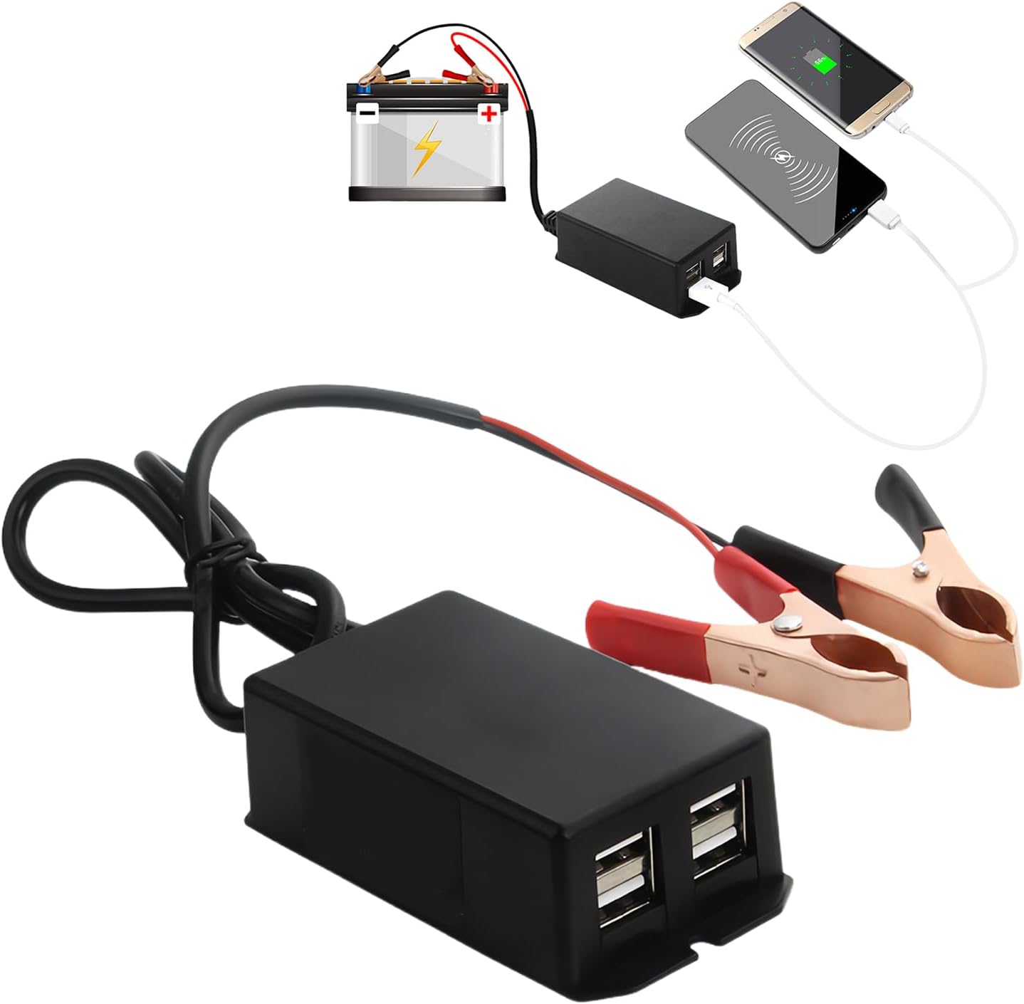 Konwerter DC z klipsem krokodylkowym - adapter USB do ładowania motocykli, 12 V 24 V do 5 V 3 A - 4 porty USB - szybka ładowarka do telefonów