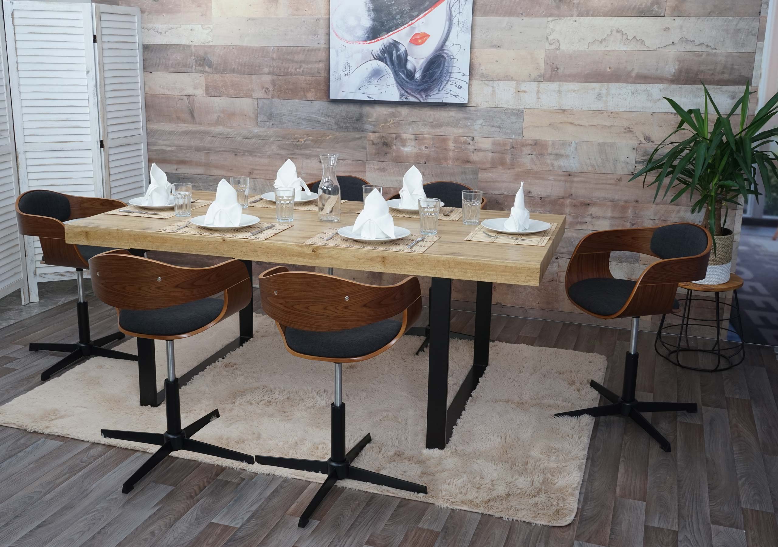 Zestaw 6 krzeseł do jadalni HWC-H46, krzesło, regulowana wysokość, mechanizm obrotowy, drewno gięte MVG ~ wygląd orzechowy, tkanina ciemnoszara