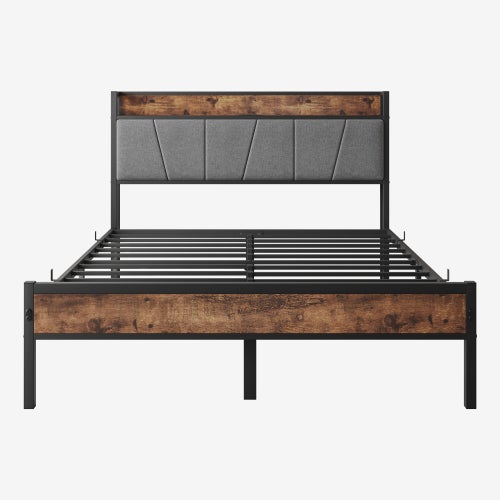 Letto 120x200 Cm Con LED E USB - Struttura In Metallo, Testiera In Legno Con Vano E Spazio Sotto, Nero