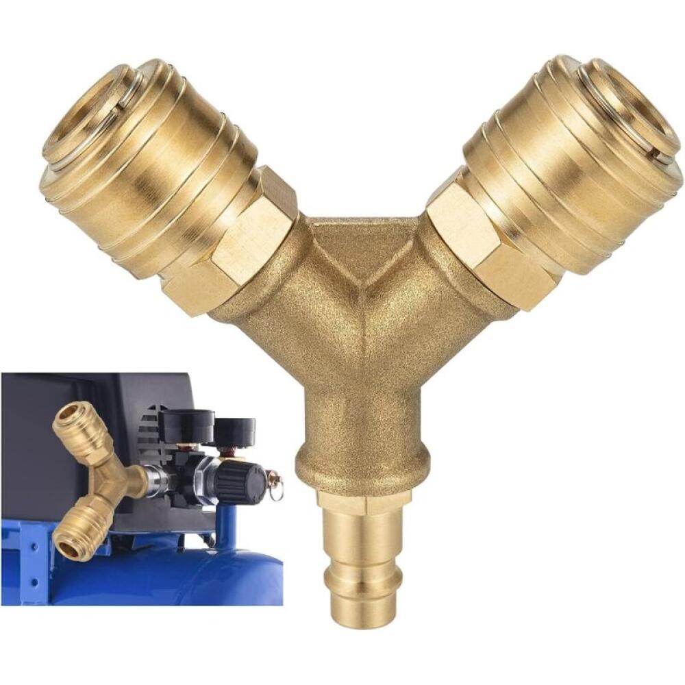 Sprężarka sprężonego powietrza z dwoma przyłączami, jednym przyłączem gwintowanym 1/4 cala i rozdzielaczem powietrza typu Y.